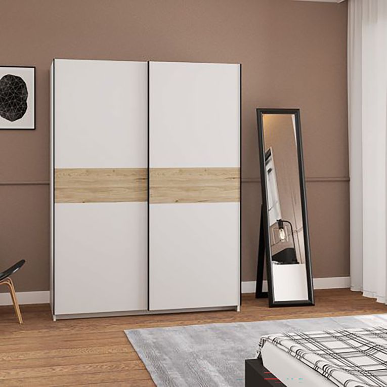 Guardaroba 2 Ante Bianco Marrone Rovere 2 Ripiani Appendiabiti 150x204h cm, 2 Ante - Manita