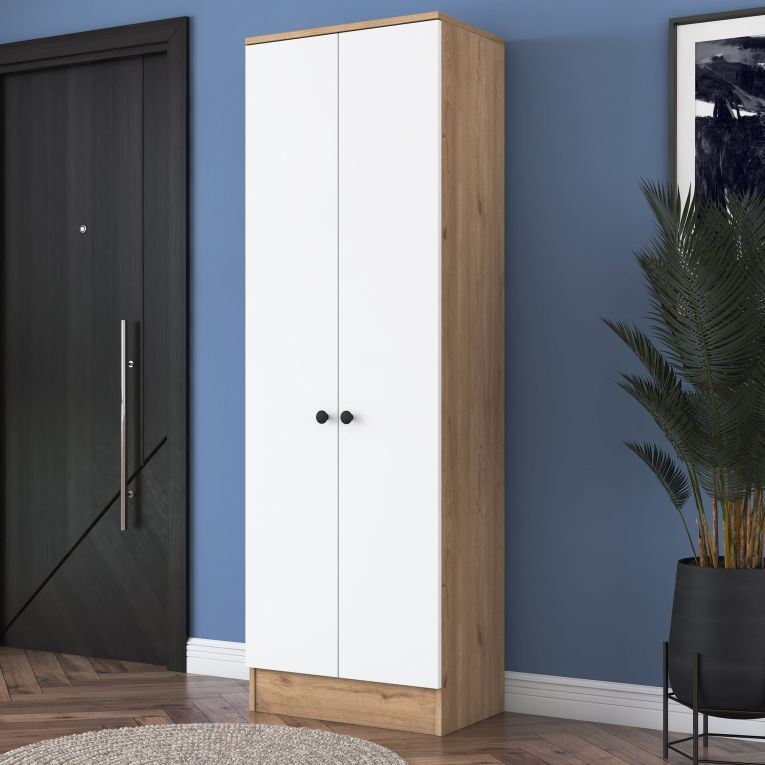 Guardaroba 2 Ante Bianco Marrone Rovere 6 Ripiani Appendiabiti 60x183h cm, Apertura Battente - Modenese