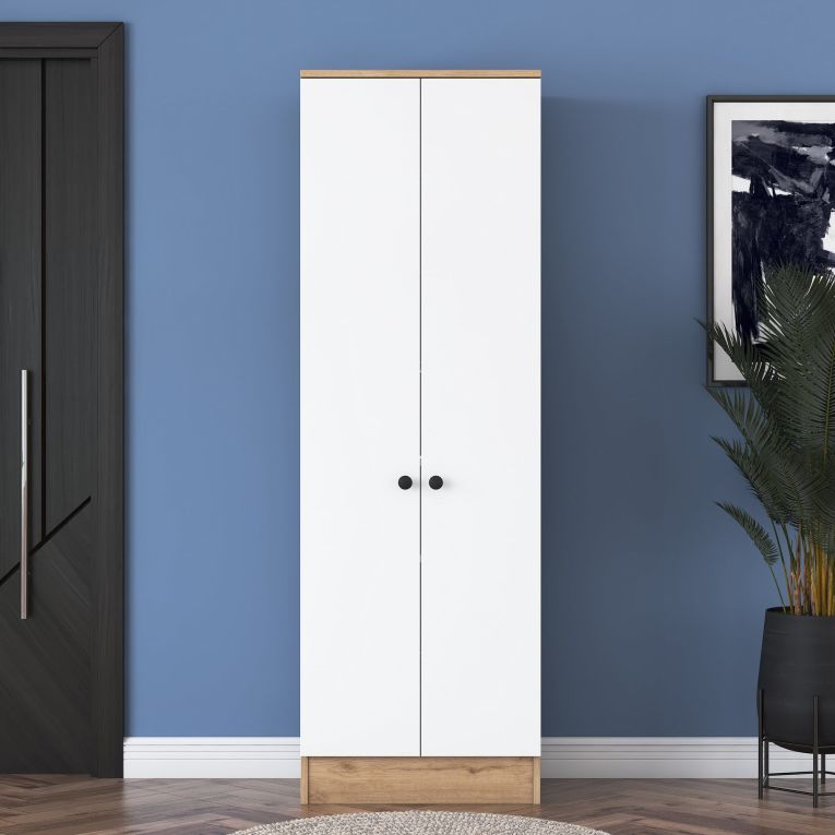 Guardaroba 2 Ante Bianco Marrone Rovere 6 Ripiani Appendiabiti 60x183h cm, Apertura Battente - Modenese