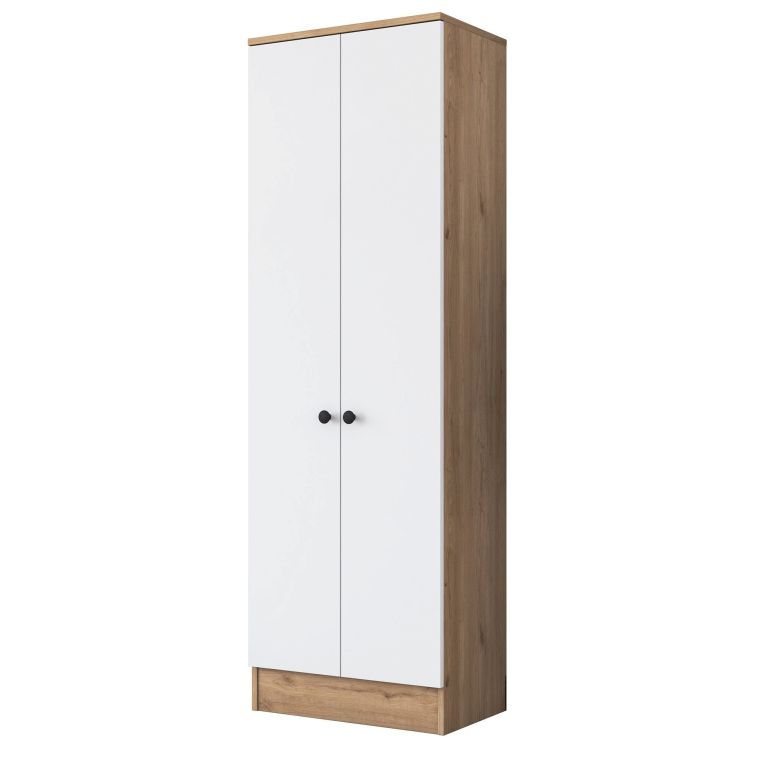 Guardaroba 2 Ante Bianco Marrone Rovere 6 Ripiani Appendiabiti 60x183h cm, Apertura Battente - Modenese