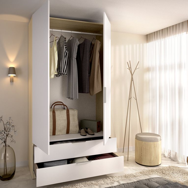 Guardaroba 2 Ante Bianco Marrone Rovere Appendiabiti 2 Cassetti 51x204h cm, un Ripiano - Montclare