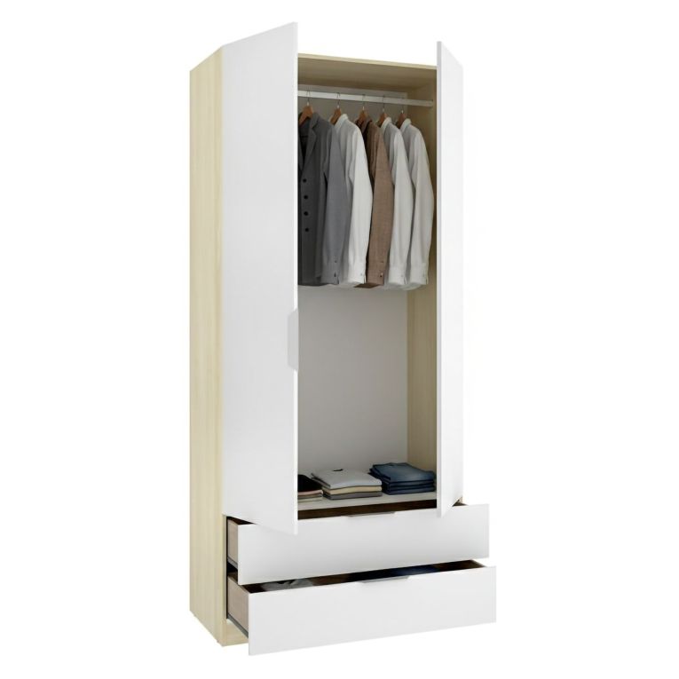 Guardaroba 2 Ante Bianco Marrone Rovere Appendiabiti 2 Cassetti 51x204h cm, un Ripiano - Montclare