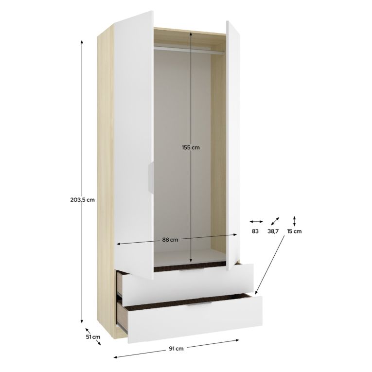 Guardaroba 2 Ante Bianco Marrone Rovere Appendiabiti 2 Cassetti 51x204h cm, un Ripiano - Montclare