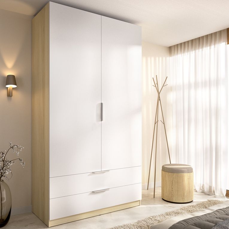 Guardaroba 2 Ante Bianco Marrone Rovere Appendiabiti 2 Cassetti 51x204h cm, un Ripiano - Montclare