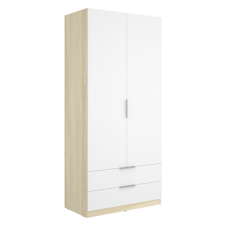 Guardaroba 2 Ante Bianco Marrone Rovere Appendiabiti 2 Cassetti 51x204h cm, un Ripiano - Montclare