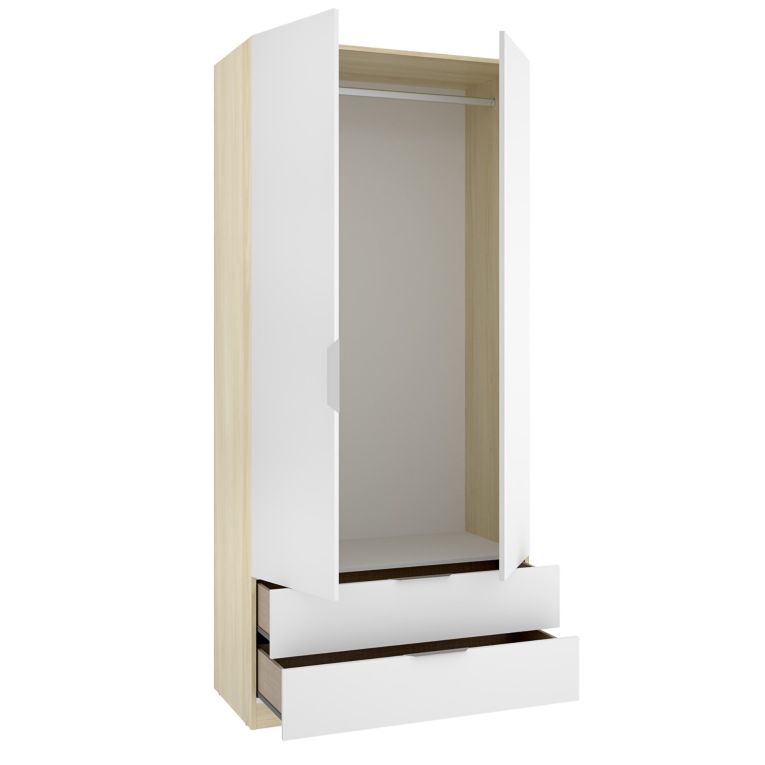 Guardaroba 2 Ante Bianco Marrone Rovere Appendiabiti 2 Cassetti 51x204h cm, un Ripiano - Montclare