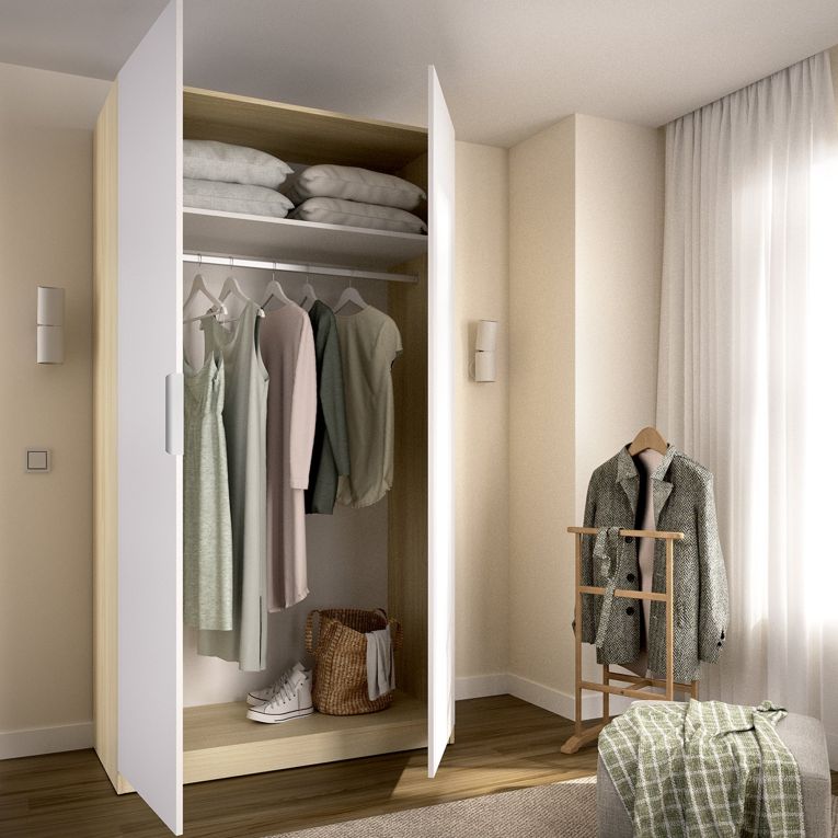 Guardaroba 2 Ante Bianco Marrone Rovere Appendiabiti Cassetti 51x204h cm, un Ripiano - Tulot