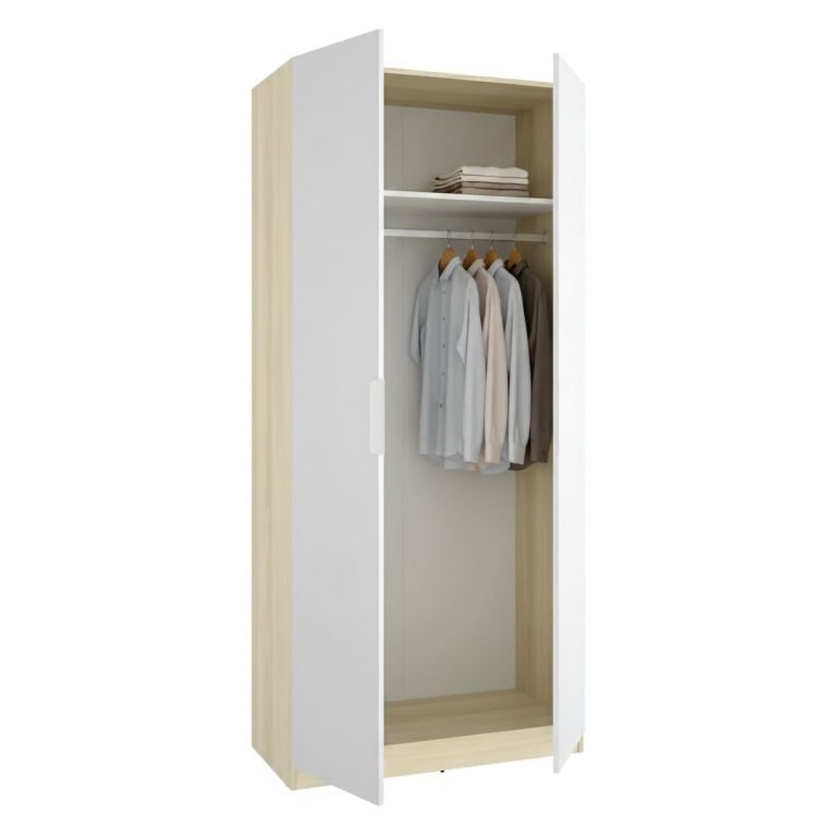 Guardaroba 2 Ante Bianco Marrone Rovere Appendiabiti Cassetti 51x204h cm, un Ripiano - Tulot