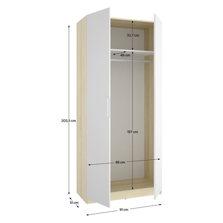 Guardaroba 2 Ante Bianco Marrone Rovere Appendiabiti Cassetti 51x204h cm, un Ripiano - Tulot