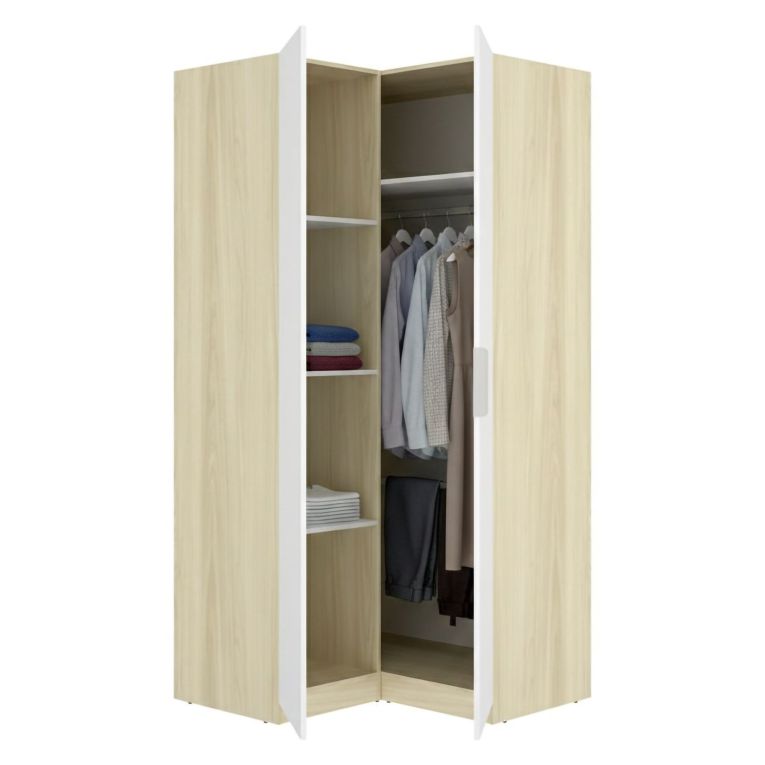 Guardaroba 2 Ante Bianco Marrone Rovere Appendiabiti Cassetti 95x204h cm, 4 Ripiani - Luber