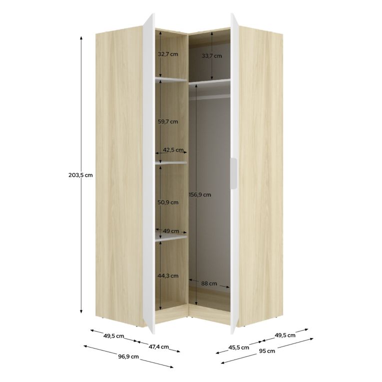 Guardaroba 2 Ante Bianco Marrone Rovere Appendiabiti Cassetti 95x204h cm, 4 Ripiani - Luber