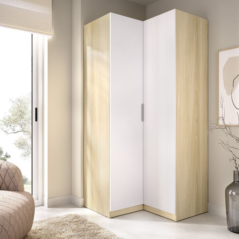 Guardaroba 2 Ante Bianco Marrone Rovere Appendiabiti Cassetti 95x204h cm, 4 Ripiani - Luber