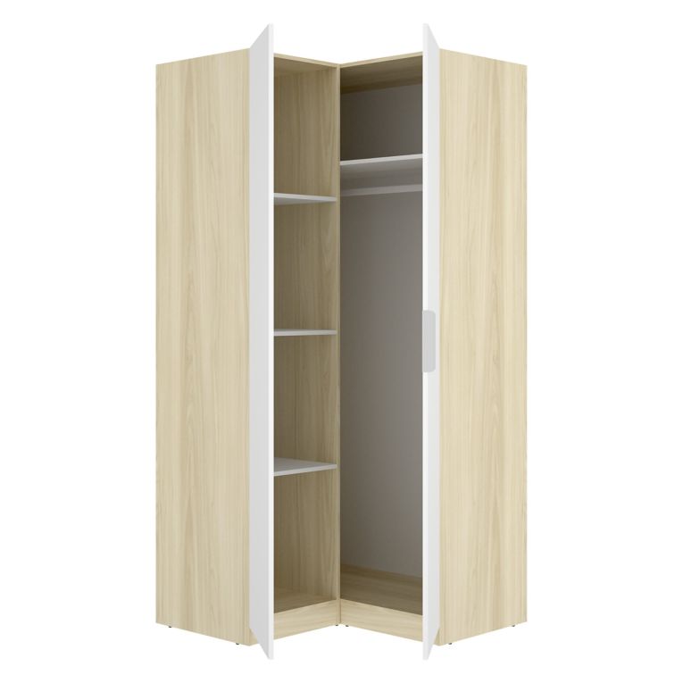 Guardaroba 2 Ante Bianco Marrone Rovere Appendiabiti Cassetti 95x204h cm, 4 Ripiani - Luber