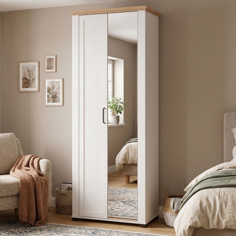 Guardaroba 2 Ante Bianco Marrone Rovere Nodi Appendiabiti 3 Ripiani 75x194.5h cm, 4 Vani - Vittuone