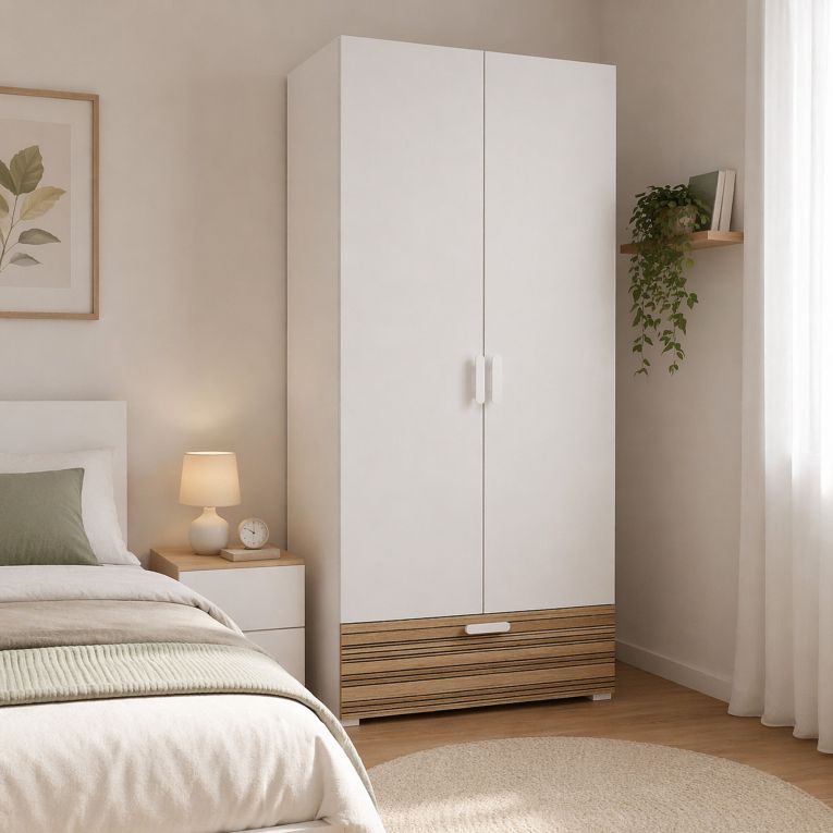 Guardaroba 2 Ante Bianco Marrone Rovere un Cassetto 2 Ripiani 80x180h cm, Appendiabiti - Vacone