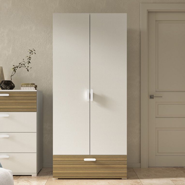 Guardaroba 2 Ante Bianco Marrone Rovere un Cassetto 2 Ripiani 80x180h cm, Appendiabiti - Vacone