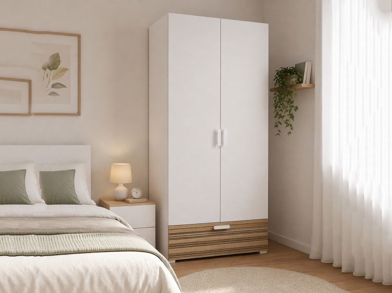 Guardaroba 2 Ante Bianco Marrone Rovere un Cassetto 2 Ripiani 80x180h cm, Appendiabiti - Vacone