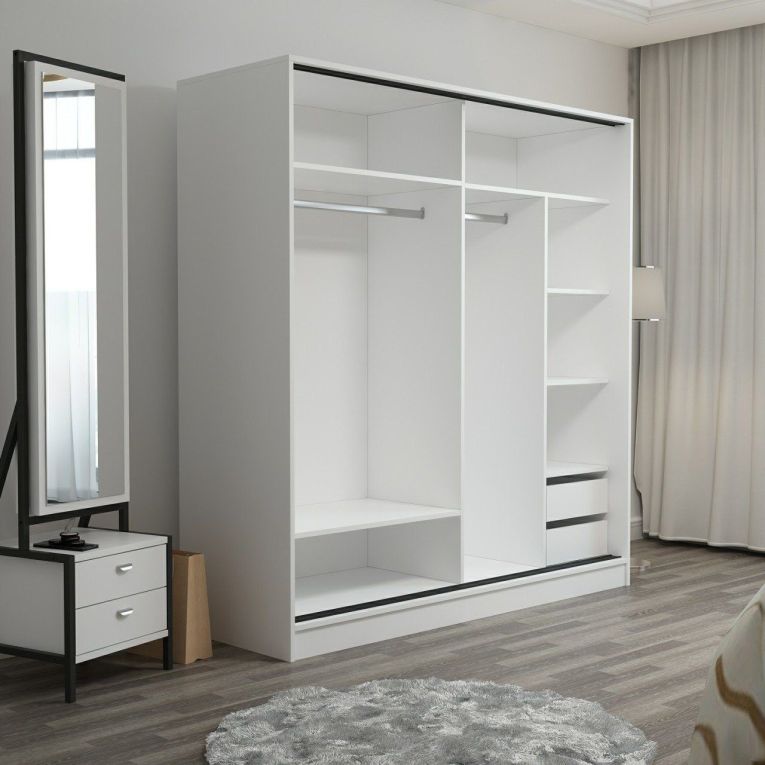 Guardaroba 2 Ante Bianco Nero Antracite 5 Ripiani Appendiabiti 180x210h cm, Apertura Scorrevole - Cuvio