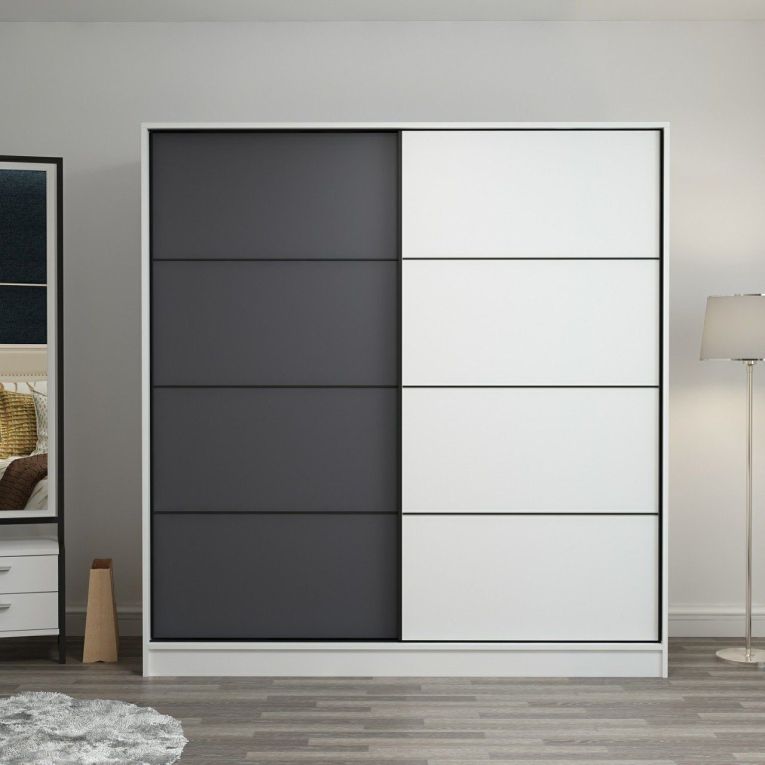 Guardaroba 2 Ante Bianco Nero Antracite 5 Ripiani Appendiabiti 180x210h cm, Apertura Scorrevole - Cuvio