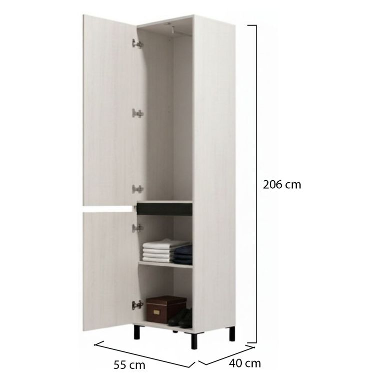 Guardaroba 2 Ante Bianco Nero Appendiabiti 2 Ripiani 54.5x205.5h cm, 3 Vani - Monta