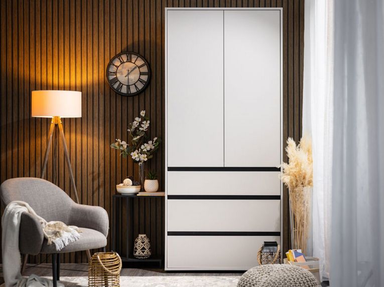 Guardaroba 2 Ante Bianco Nero Appendiabiti 3 Cassetti 93x211h cm, un Ripiano - Vimercatii