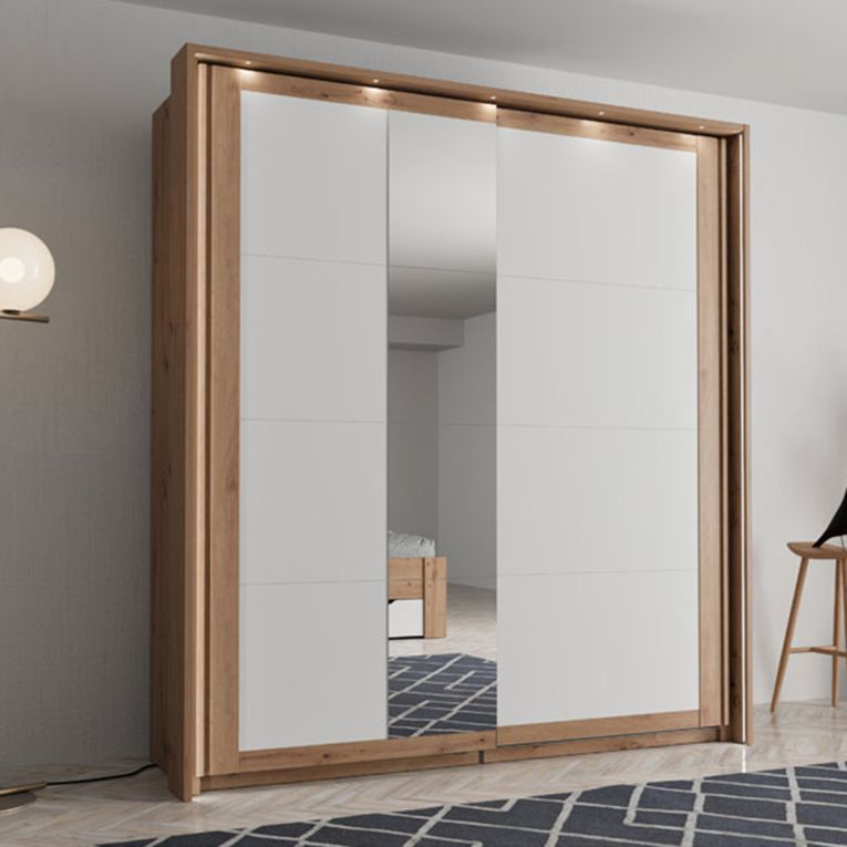 Guardaroba 2 Ante Bianco Opaco Marrone Rovere 2 Ripiani Appendiabiti 195x218h cm, Apertura Scorrevole - Bujumb