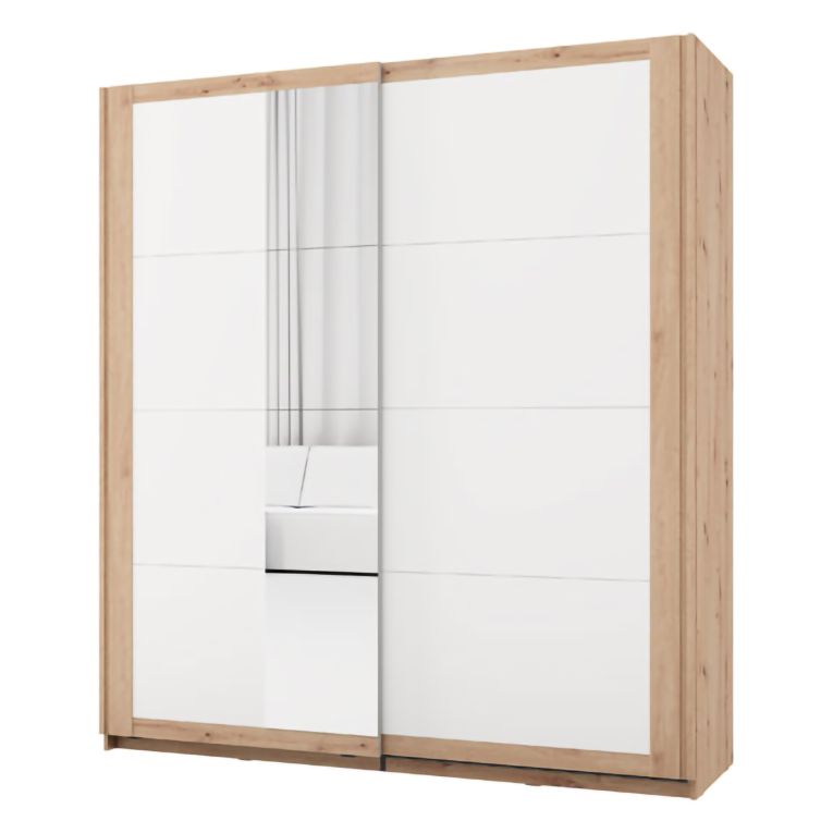 Guardaroba 2 Ante Bianco Opaco Marrone Rovere 2 Ripiani Appendiabiti 195x218h cm, Apertura Scorrevole - Bujumb