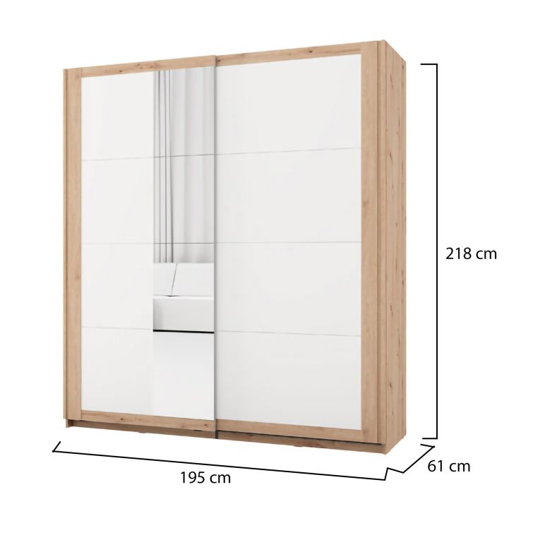 Guardaroba 2 Ante Bianco Opaco Marrone Rovere 2 Ripiani Appendiabiti 195x218h cm, Apertura Scorrevole - Bujumb
