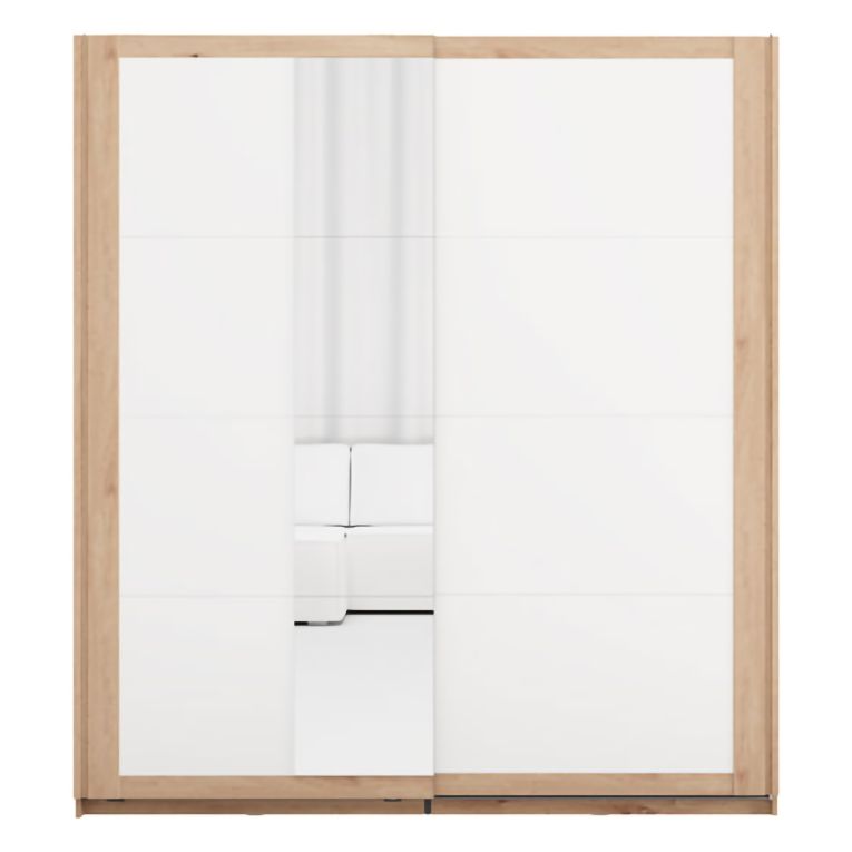 Guardaroba 2 Ante Bianco Opaco Marrone Rovere 2 Ripiani Appendiabiti 195x218h cm, Apertura Scorrevole - Bujumb