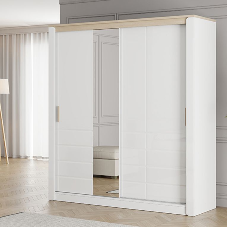 Guardaroba 2 Ante Bianco Opaco Marrone Rovere 5 Ripiani Appendiabiti 199x217h cm, Apertura Scorrevole - Lunenb