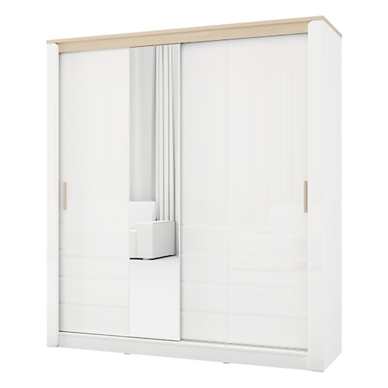 Guardaroba 2 Ante Bianco Opaco Marrone Rovere 5 Ripiani Appendiabiti 199x217h cm, Apertura Scorrevole - Lunenb