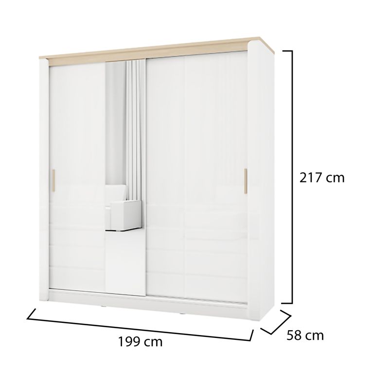 Guardaroba 2 Ante Bianco Opaco Marrone Rovere 5 Ripiani Appendiabiti 199x217h cm, Apertura Scorrevole - Lunenb