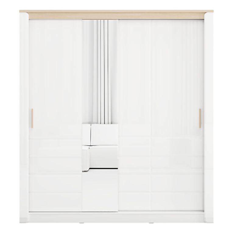 Guardaroba 2 Ante Bianco Opaco Marrone Rovere 5 Ripiani Appendiabiti 199x217h cm, Apertura Scorrevole - Lunenb