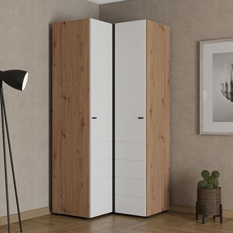 Guardaroba 2 Ante Bianco Opaco Marrone Rovere Nodi 4 Ripiani Appendiabiti 95x208h cm, Apertura Battente - Tavole