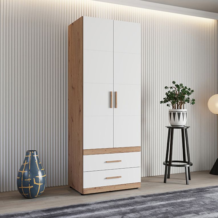 Guardaroba 2 Ante Bianco Opaco Marrone Rovere Nodi Appendiabiti 2 Cassetti 79x208h cm, un Ripiano - Tilcara