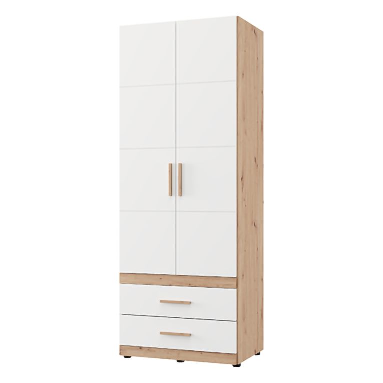 Guardaroba 2 Ante Bianco Opaco Marrone Rovere Nodi Appendiabiti 2 Cassetti 79x208h cm, un Ripiano - Tilcara