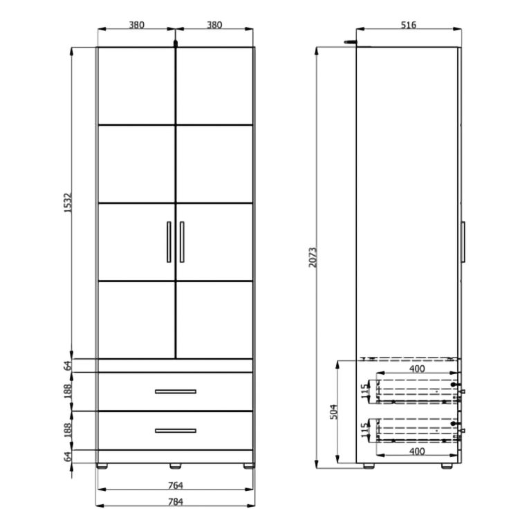 Guardaroba 2 Ante Bianco Opaco Marrone Rovere Nodi Appendiabiti 2 Cassetti 79x208h cm, un Ripiano - Tilcara