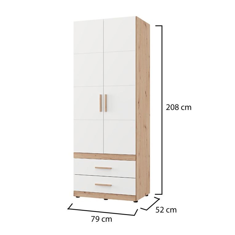 Guardaroba 2 Ante Bianco Opaco Marrone Rovere Nodi Appendiabiti 2 Cassetti 79x208h cm, un Ripiano - Tilcara