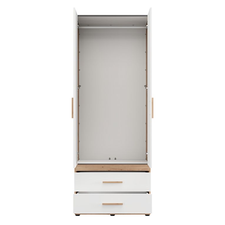 Guardaroba 2 Ante Bianco Opaco Marrone Rovere Nodi Appendiabiti 2 Cassetti 79x208h cm, un Ripiano - Tilcara