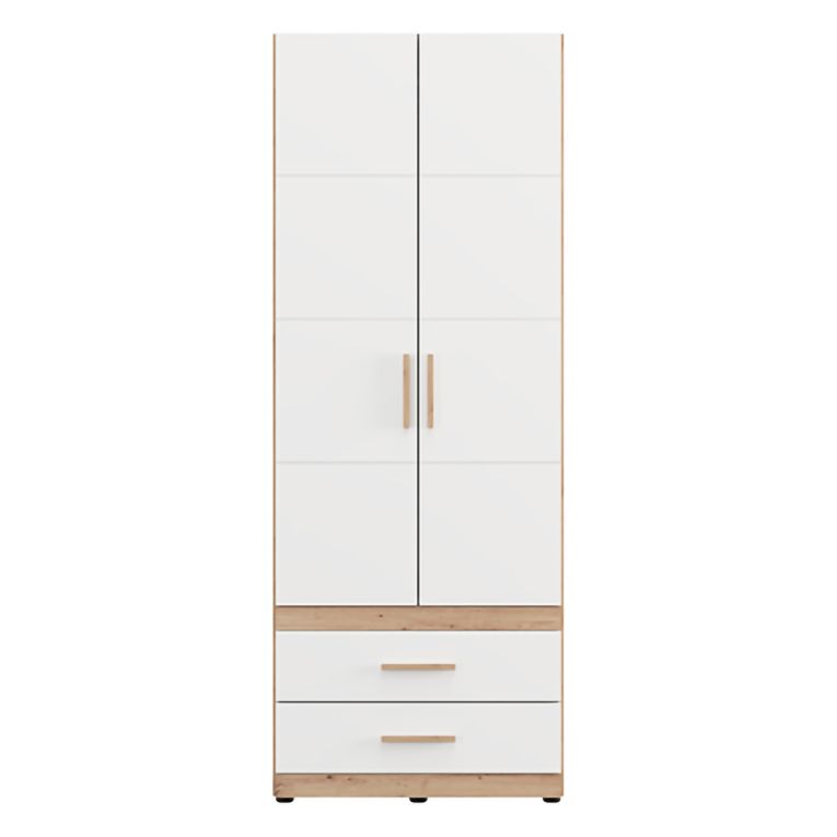 Guardaroba 2 Ante Bianco Opaco Marrone Rovere Nodi Appendiabiti 2 Cassetti 79x208h cm, un Ripiano - Tilcara