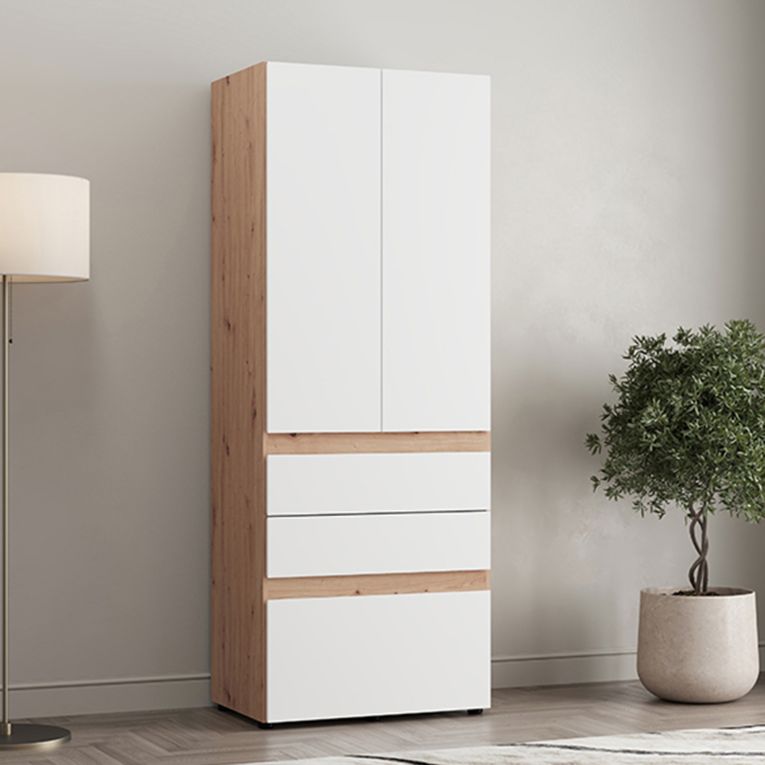 Guardaroba 2 Ante Bianco Opaco Marrone Rovere Nodi Appendiabiti 3 Cassetti 79x208h cm, un Ripiano - Venas