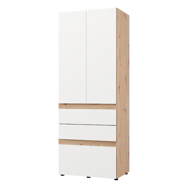 Guardaroba 2 Ante Bianco Opaco Marrone Rovere Nodi Appendiabiti 3 Cassetti 79x208h cm, un Ripiano - Venas