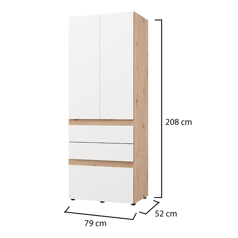 Guardaroba 2 Ante Bianco Opaco Marrone Rovere Nodi Appendiabiti 3 Cassetti 79x208h cm, un Ripiano - Venas