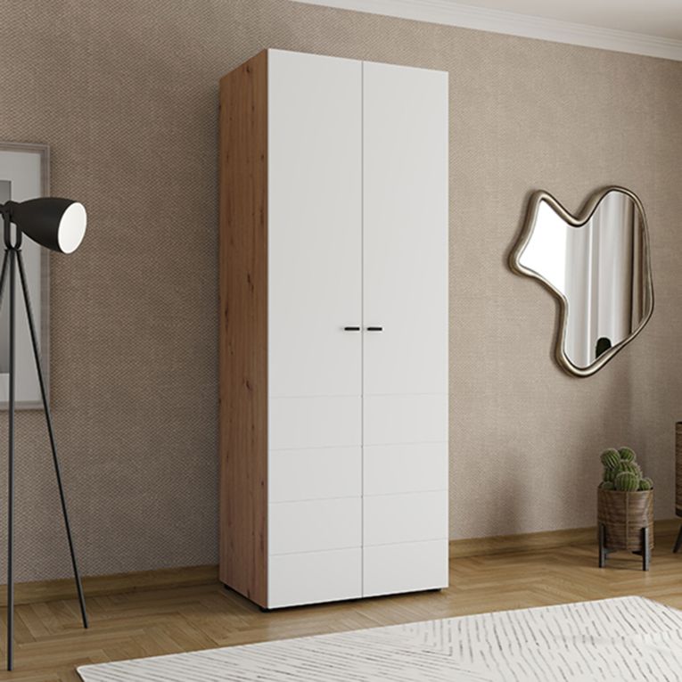 Guardaroba 2 Ante Bianco Opaco Marrone Rovere Nodi Appendiabiti un Ripiano 79x208h cm, 2 Ante - Pomar