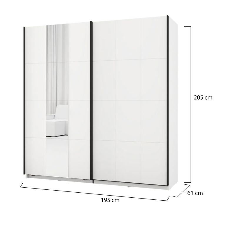 Guardaroba 2 Ante Bianco Opaco Nero 2 Ripiani Appendiabiti 195x205h cm, Apertura Scorrevole - Asilah