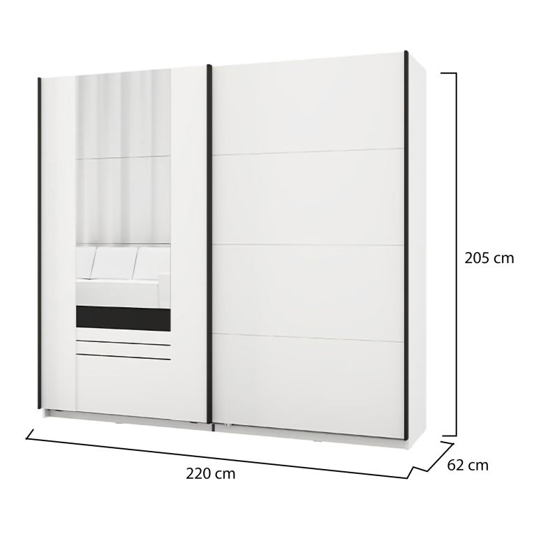 Guardaroba 2 Ante Bianco Opaco Nero 2 Ripiani Appendiabiti 220x205h cm, Apertura Scorrevole - Lalibe