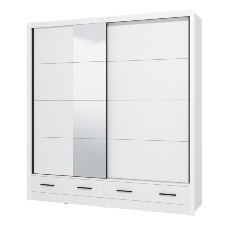 Guardaroba 2 Ante Bianco Opaco Nero 4 Ripiani Appendiabiti 205x216h cm, 2 Cassetti - Copala