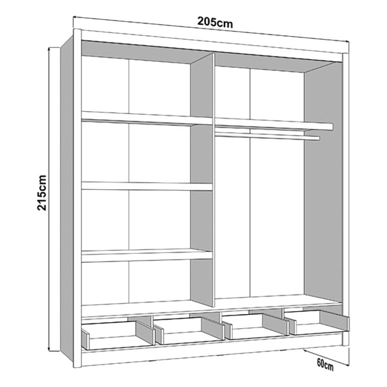 Guardaroba 2 Ante Bianco Opaco Nero 4 Ripiani Appendiabiti 205x216h cm, 2 Cassetti - Copala