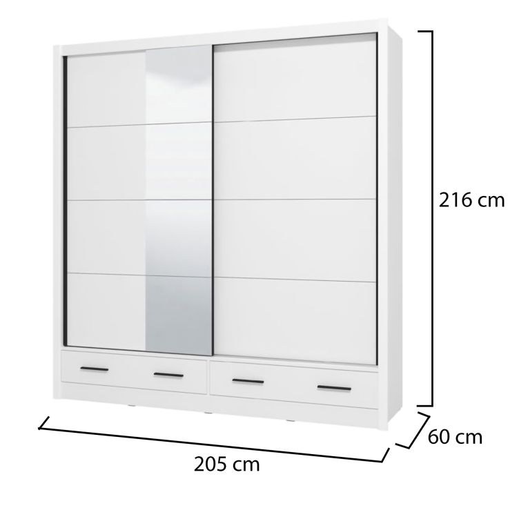 Guardaroba 2 Ante Bianco Opaco Nero 4 Ripiani Appendiabiti 205x216h cm, 2 Cassetti - Copala
