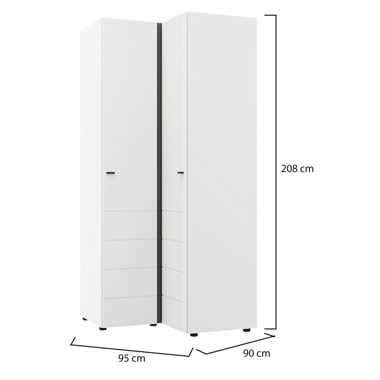 Guardaroba 2 Ante Bianco Opaco Nero 4 Ripiani Appendiabiti 95x208h cm, Apertura Battente - Tavole